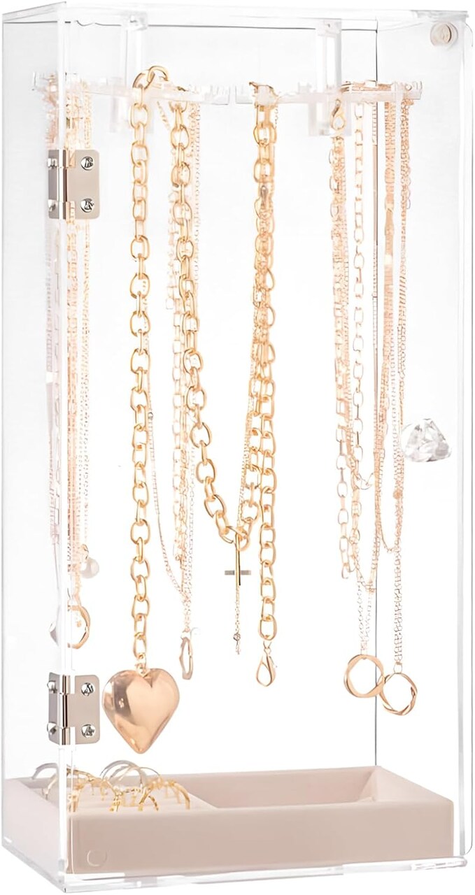 Necklace & Jewelry Organizer – Acrylic Storage Box with Velvet Tray, 24-Hook Display Stand for Earrings, Necklaces, Bracelets, and Rings